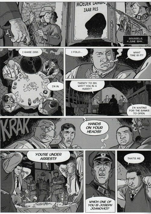 Black-and-white comic panels show a tense poker game and police arrest